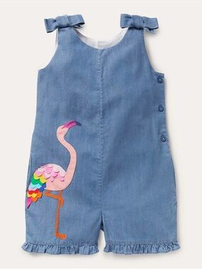NEW Mini Boden Denim Chambray Flamingo Appliqué Ruffle Bow Girls' Short Romper